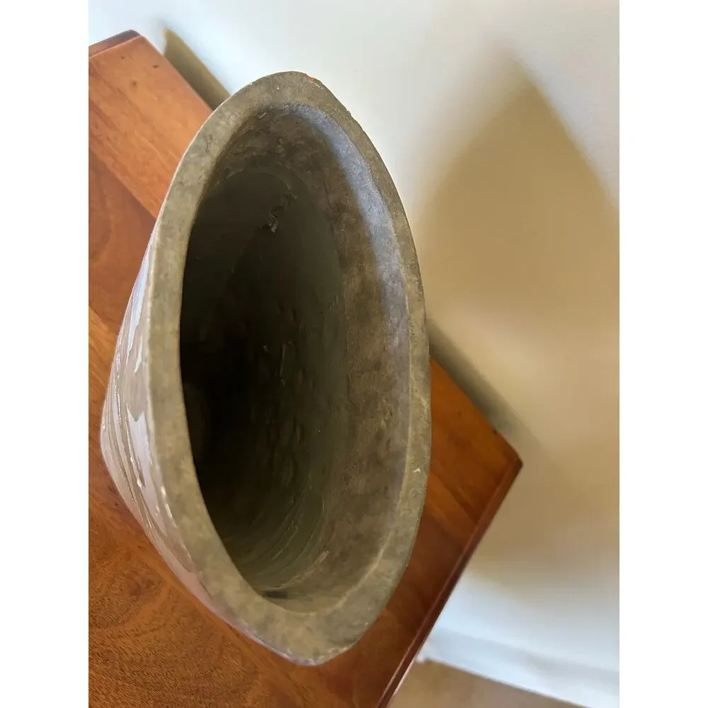 Vintage Sgraffito-style Ceramic Vase Blue Gray Leaf Floral Pattern